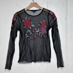 American Eagle Size M Top Shirt Black Sheer Mesh Lace Red Rose Embroidered Fairy